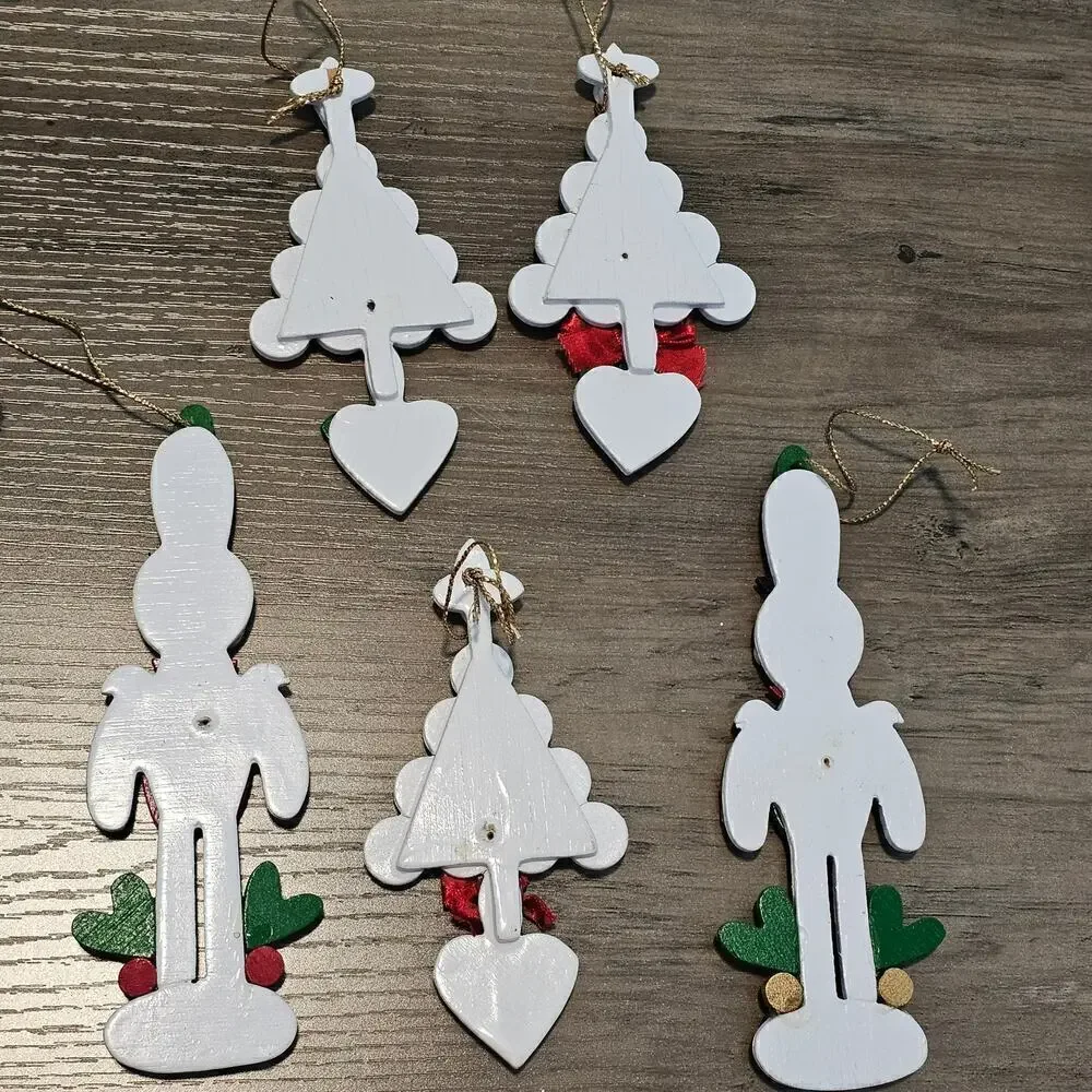 Vintage Wooden Christmas Ornaments 80s Nutcrackers Christmas Trees Hand Painted